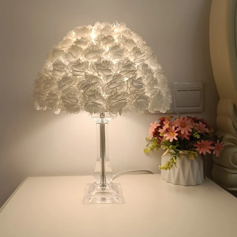 Contemporary Creative Feather & Acrylic Round Umbrella 1-Light Table Lamp For Bedroom & Living Room