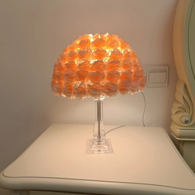 Contemporary Creative Feather & Acrylic Round Umbrella 1-Light Table Lamp For Bedroom & Living Room