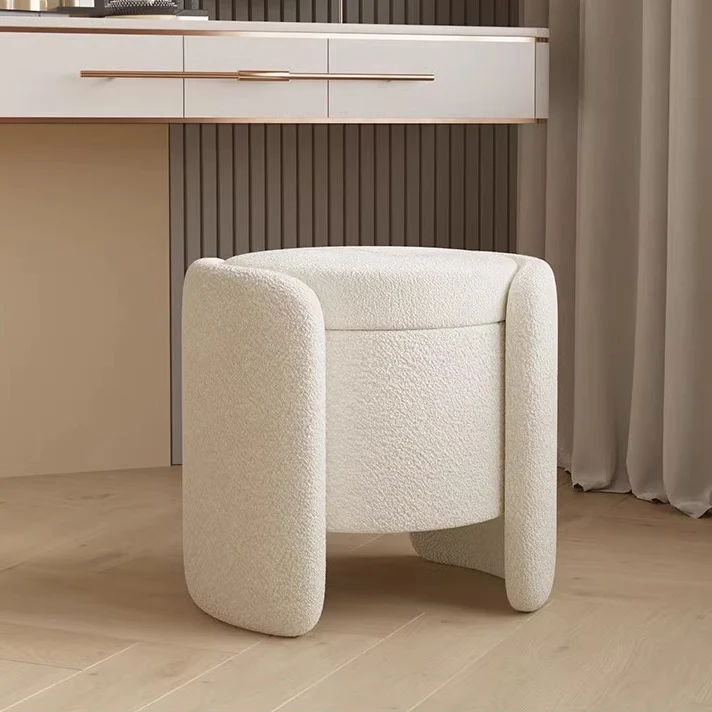 Contemporary Nordic Cream Storable Round Cylinder Plywood Sherpa Fabric Vanity Stool For Bedroom