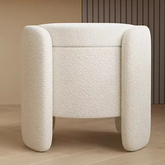 Contemporary Nordic Cream Storable Round Cylinder Plywood Sherpa Fabric Vanity Stool For Bedroom