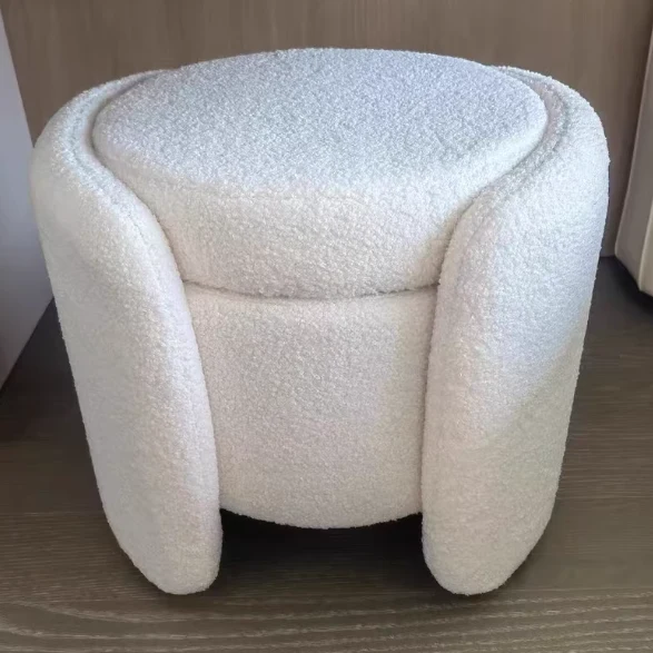 Contemporary Nordic Cream Storable Round Cylinder Plywood Sherpa Fabric Vanity Stool For Bedroom