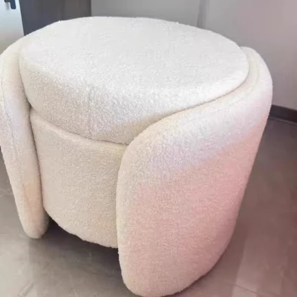 Contemporary Nordic Cream Storable Round Cylinder Plywood Sherpa Fabric Vanity Stool For Bedroom