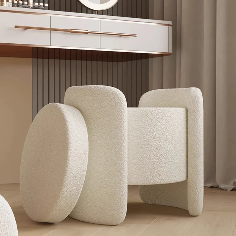 Contemporary Nordic Cream Storable Round Cylinder Plywood Sherpa Fabric Vanity Stool For Bedroom