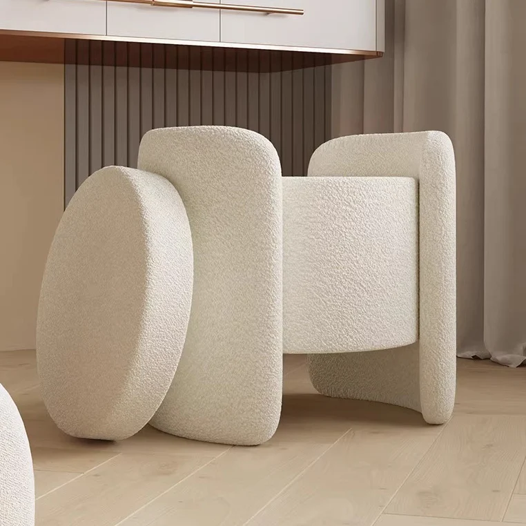 Contemporary Nordic Cream Storable Round Cylinder Plywood Sherpa Fabric Vanity Stool For Bedroom