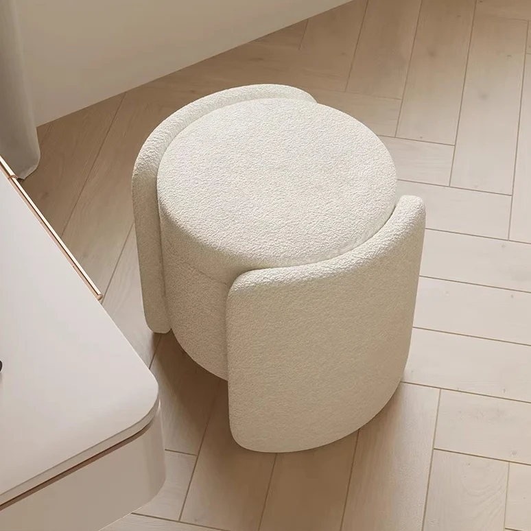 Contemporary Nordic Cream Storable Round Cylinder Plywood Sherpa Fabric Vanity Stool For Bedroom