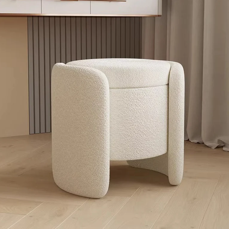 Contemporary Nordic Cream Storable Round Cylinder Plywood Sherpa Fabric Vanity Stool For Bedroom