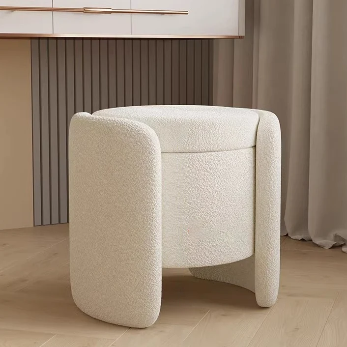 Contemporary Nordic Cream Storable Round Cylinder Plywood Sherpa Fabric Vanity Stool For Bedroom