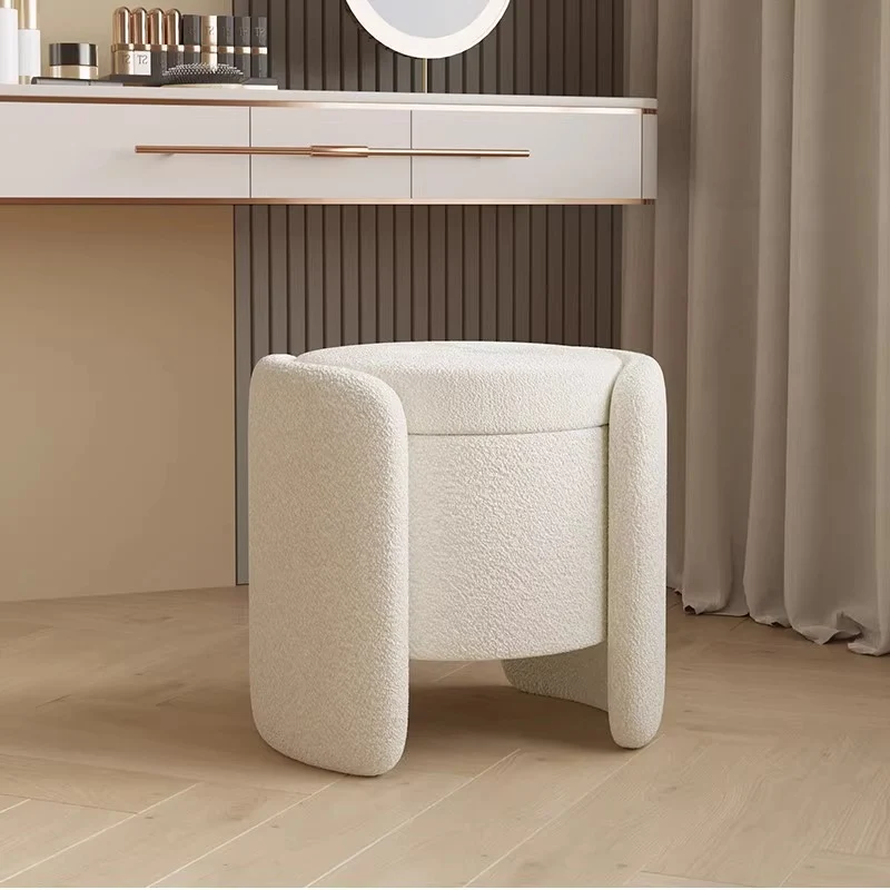 Contemporary Nordic Cream Storable Round Cylinder Plywood Sherpa Fabric Vanity Stool For Bedroom