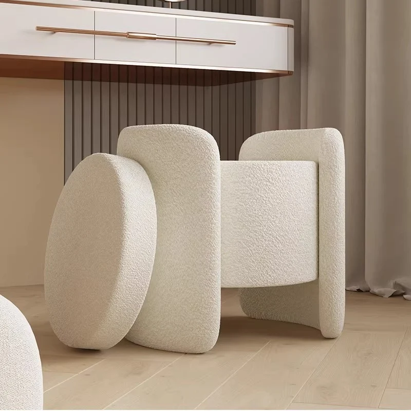 Contemporary Nordic Cream Storable Round Cylinder Plywood Sherpa Fabric Vanity Stool For Bedroom