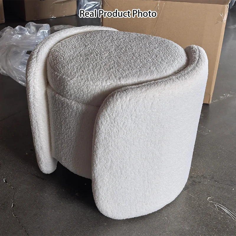 Contemporary Nordic Cream Storable Round Cylinder Plywood Sherpa Fabric Vanity Stool For Bedroom