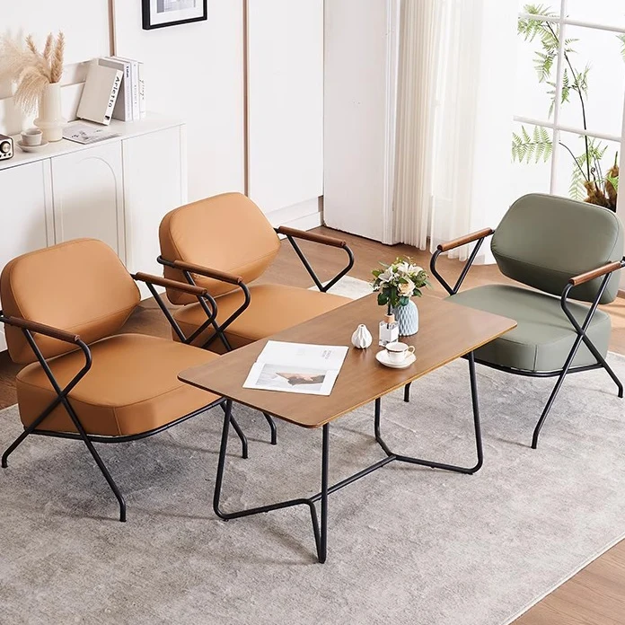 Contemporary Scandinavian Square Metal Artificial Leather Ash Wood Accent Chair Backrest Armrest For Living Room
