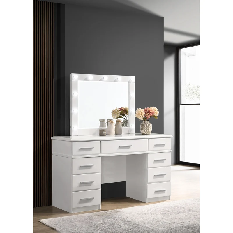 Coaster Furniture Felicity 203507 9-Drawer Vanity Table Lighted Mirror - Glossy White