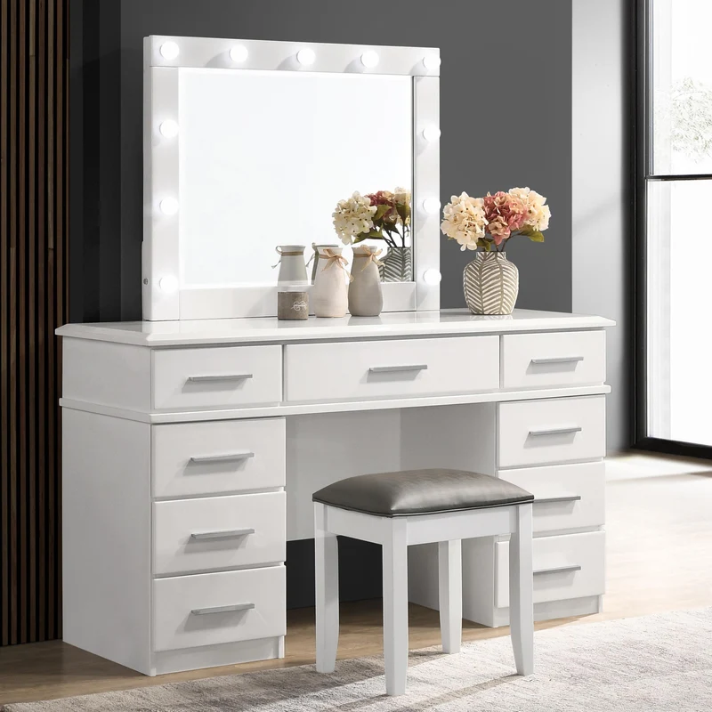 Coaster Furniture Felicity 203507 9-Drawer Vanity Table Lighted Mirror - Glossy White