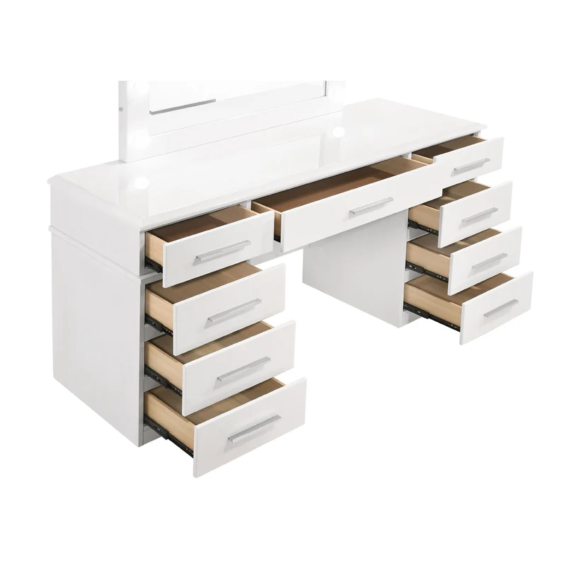 Coaster Furniture Felicity 203507 9-Drawer Vanity Table Lighted Mirror - Glossy White