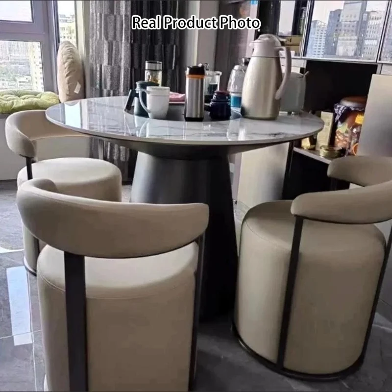 Modern Simplicity Faux Leather Stainless Steel Sponge Round Vanity Stool Backrest For Bedroom