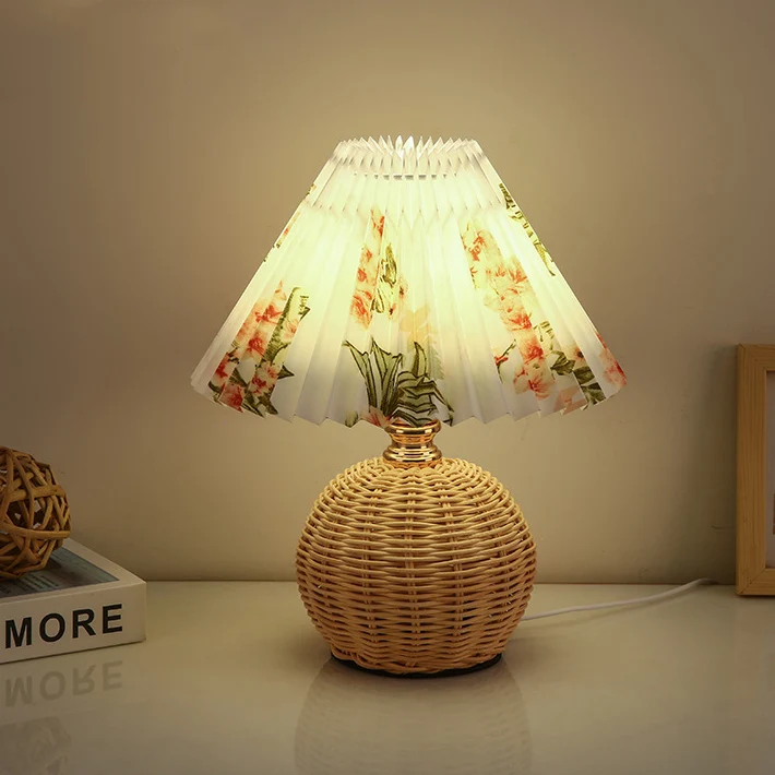 Modern Art Deco Rattan & Fabric Pleated Shade LED Table Lamp For Bedroom & Living Room