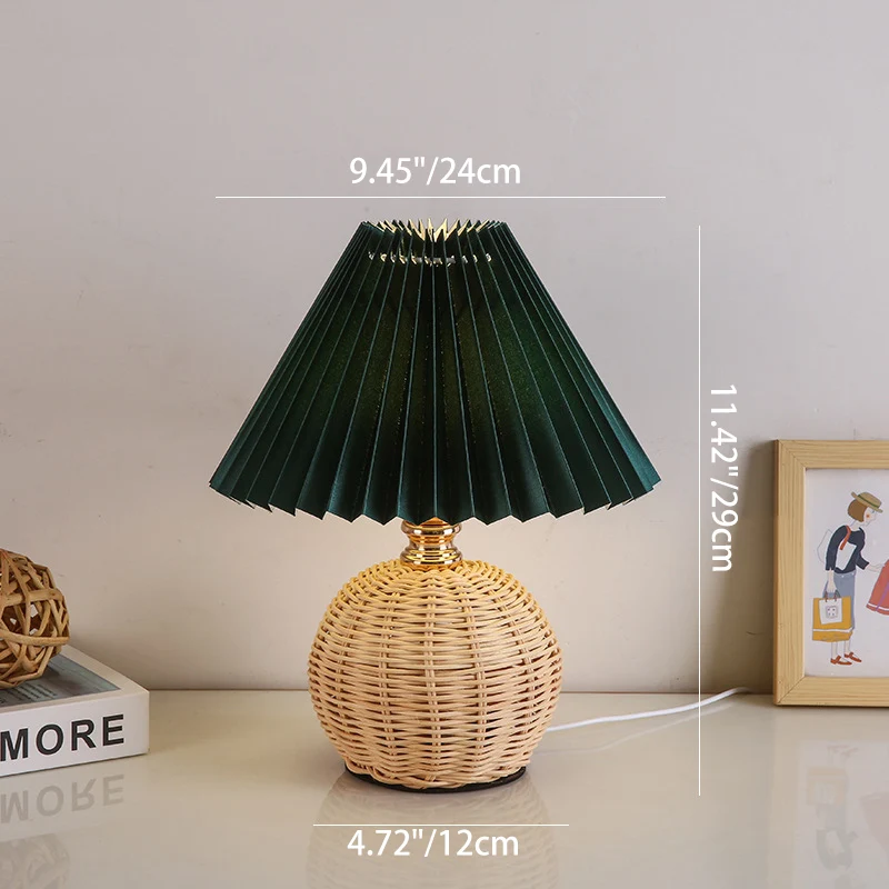 Modern Art Deco Rattan & Fabric Pleated Shade LED Table Lamp For Bedroom & Living Room