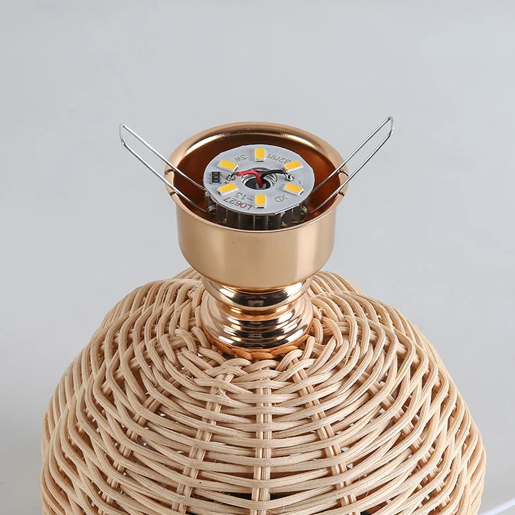 Modern Art Deco Rattan & Fabric Pleated Shade LED Table Lamp For Bedroom & Living Room