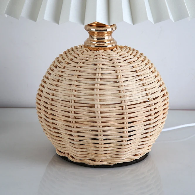 Modern Art Deco Rattan & Fabric Pleated Shade LED Table Lamp For Bedroom & Living Room