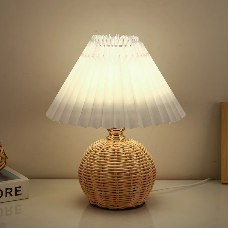 Modern Art Deco Rattan & Fabric Pleated Shade LED Table Lamp For Bedroom & Living Room