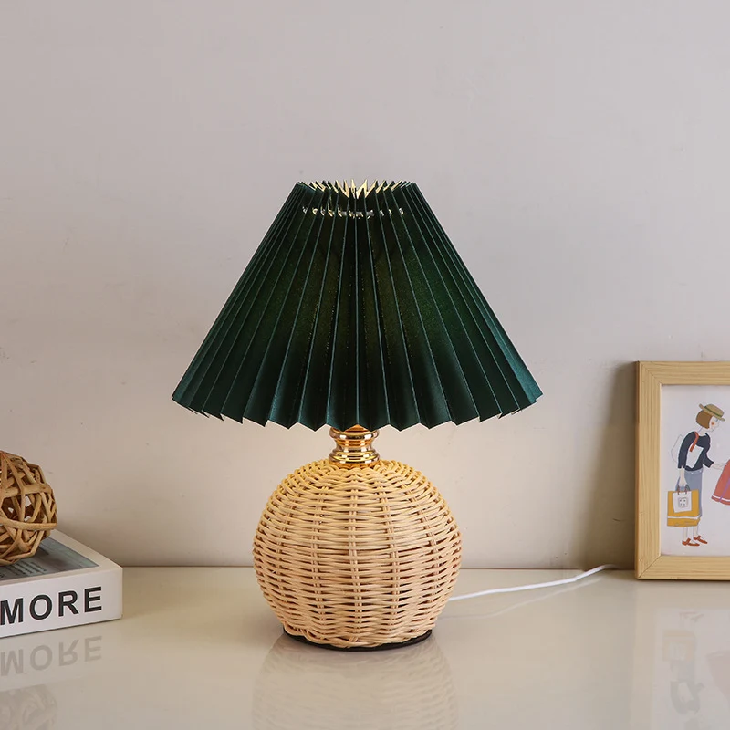 Modern Art Deco Rattan & Fabric Pleated Shade LED Table Lamp For Bedroom & Living Room