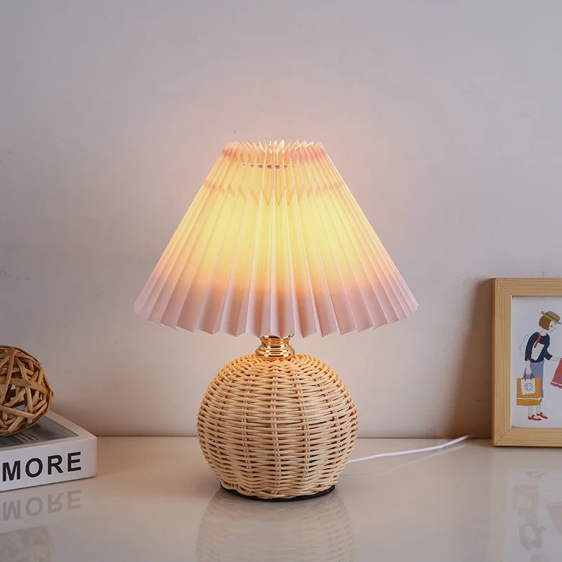 Modern Art Deco Rattan & Fabric Pleated Shade LED Table Lamp For Bedroom & Living Room