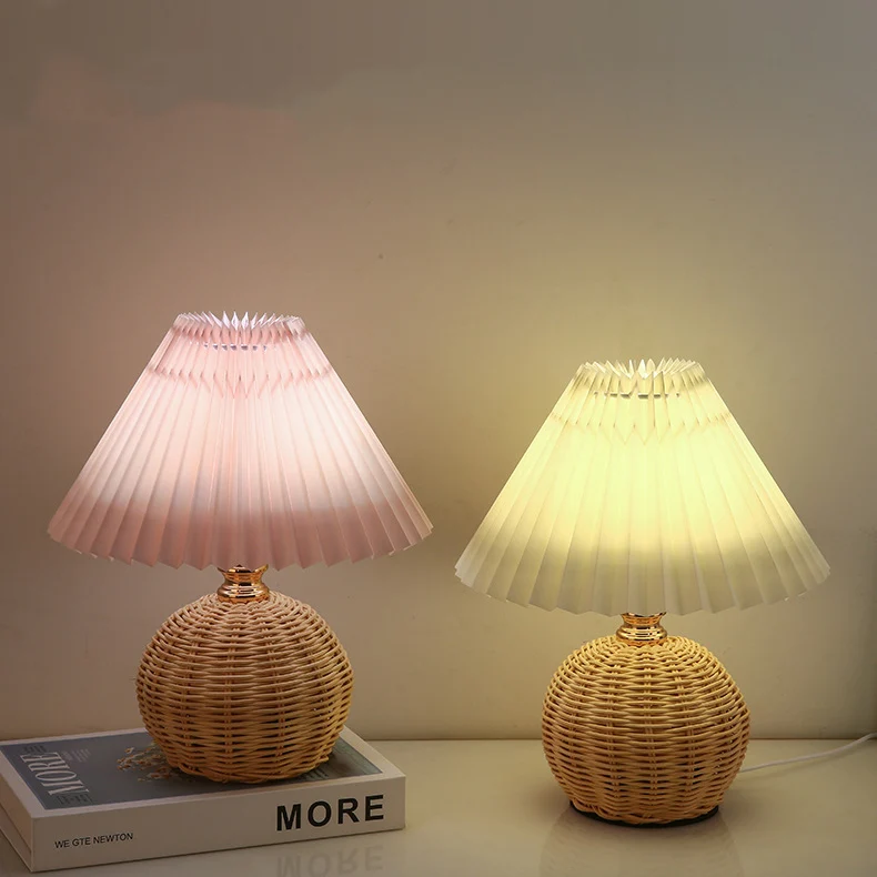 Modern Art Deco Rattan & Fabric Pleated Shade LED Table Lamp For Bedroom & Living Room