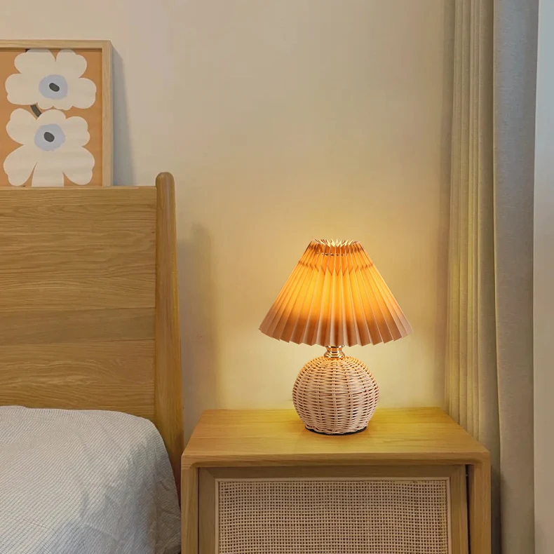 Modern Art Deco Rattan & Fabric Pleated Shade LED Table Lamp For Bedroom & Living Room