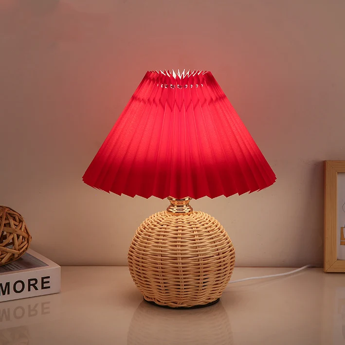 Modern Art Deco Rattan & Fabric Pleated Shade LED Table Lamp For Bedroom & Living Room