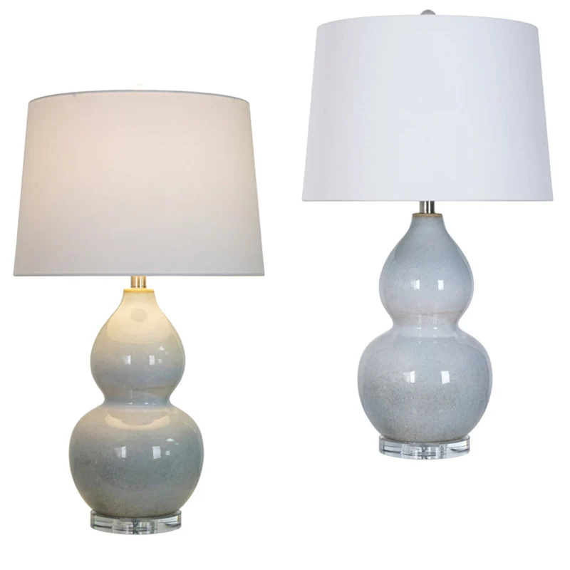 Traditional Chinese Ceramic & Crystal Gourd Base Round Fabric Shade 1-Light Table Lamp For Bedroom & Living Room