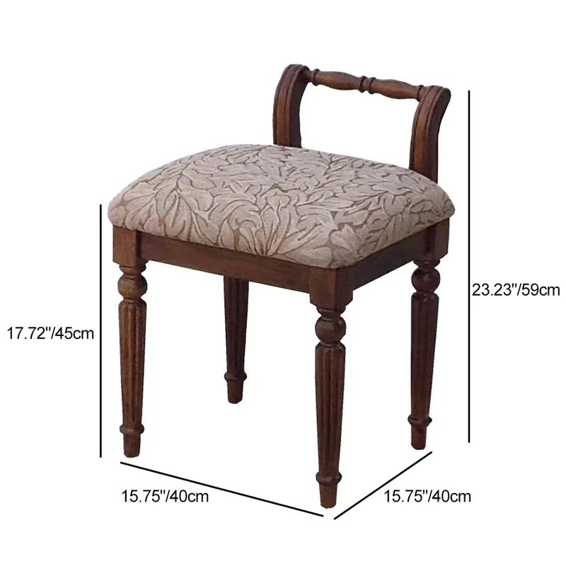 Traditional Vintage Rubberwood & Fabric Square Padded Vanity Stool With Patterned Upholstery & Low Backrest For Bedroom