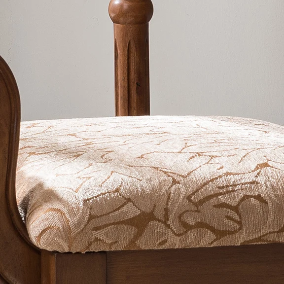 Traditional Vintage Rubberwood & Fabric Square Padded Vanity Stool With Patterned Upholstery & Low Backrest For Bedroom