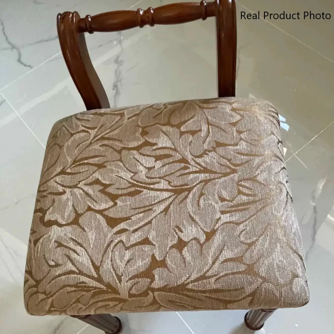 Traditional Vintage Rubberwood & Fabric Square Padded Vanity Stool With Patterned Upholstery & Low Backrest For Bedroom