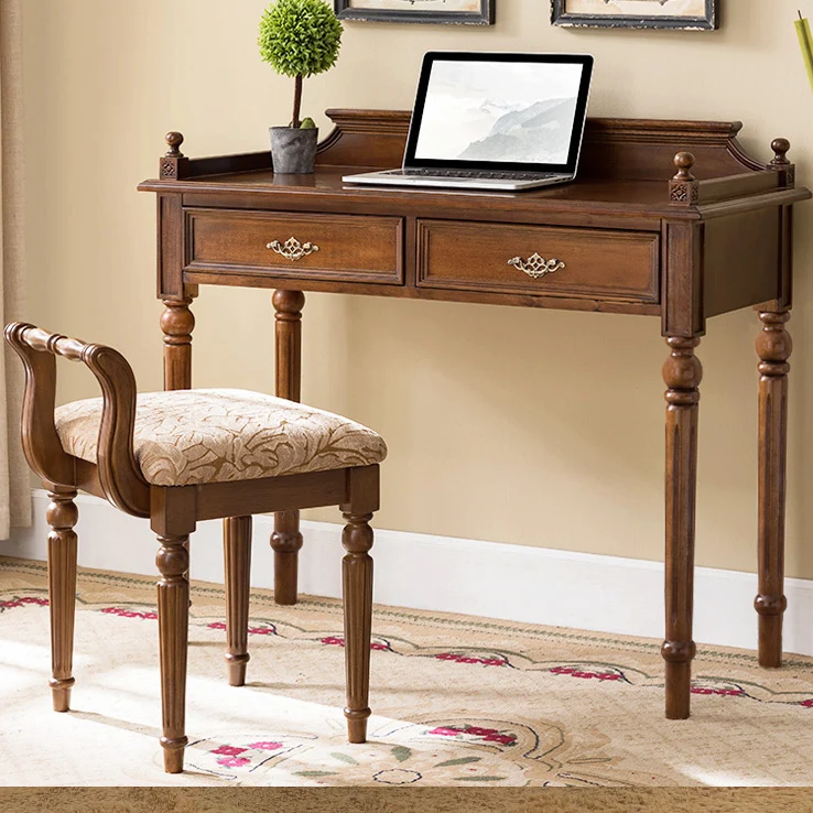 Traditional Vintage Rubberwood & Fabric Square Padded Vanity Stool With Patterned Upholstery & Low Backrest For Bedroom