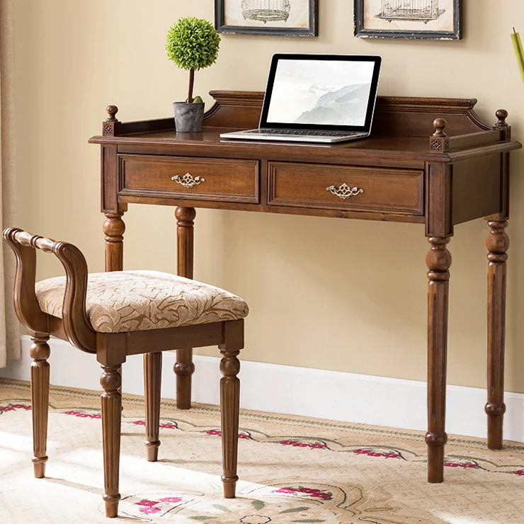 Traditional Vintage Rubberwood & Fabric Square Padded Vanity Stool With Patterned Upholstery & Low Backrest For Bedroom