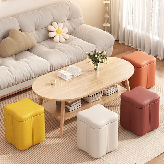 Contemporary Nordic Quad Flower Shape Synthetic Fabric Plywood Frame Vanity Stool For Bedroom