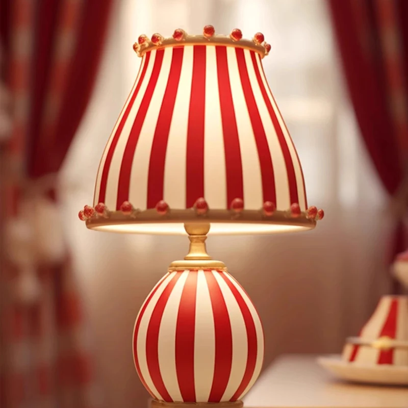 Contemporary Creative Circus Red & White Striped Glass Round Shade Resin Base 1-Light Table Lamp For Bedroom