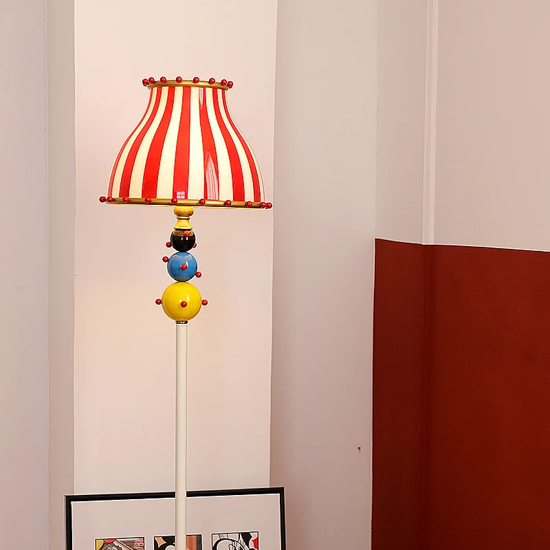 Contemporary Creative Circus Red & White Striped Glass Round Shade Iron 1-Light Standing Floor Lamp For Bedroom