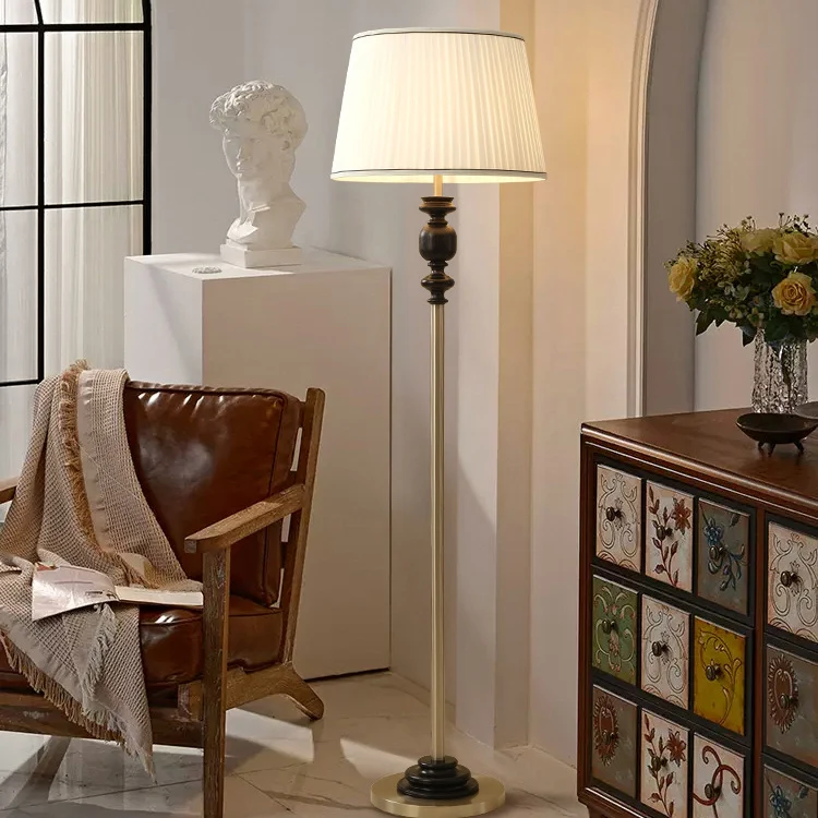 Contemporary Simplicity Cylinder Pleated Fabric Shade Solid Wood Hardware 1-Light Standing Floor Lamp For Living Room