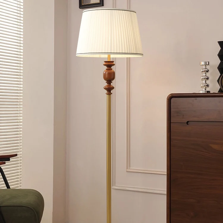 Contemporary Simplicity Cylinder Pleated Fabric Shade Solid Wood Hardware 1-Light Standing Floor Lamp For Living Room