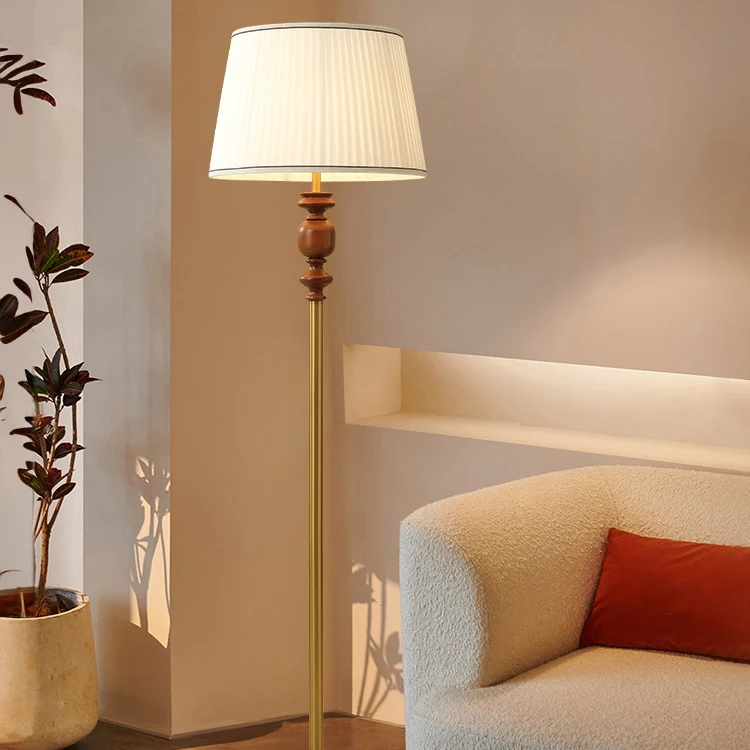 Contemporary Simplicity Cylinder Pleated Fabric Shade Solid Wood Hardware 1-Light Standing Floor Lamp For Living Room
