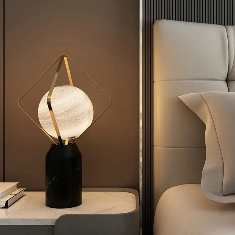 Contemporary Creative Planet Glass Shade Iron Rhombus Frame Marble Base 1-Light Table Lamp For Home Office