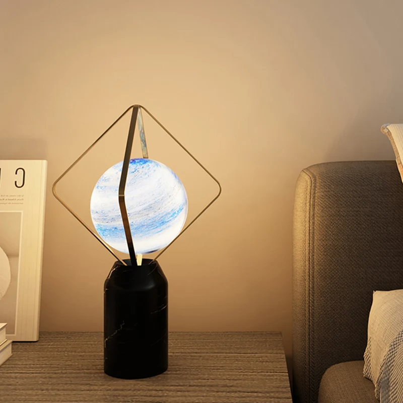 Contemporary Creative Planet Glass Shade Iron Rhombus Frame Marble Base 1-Light Table Lamp For Home Office
