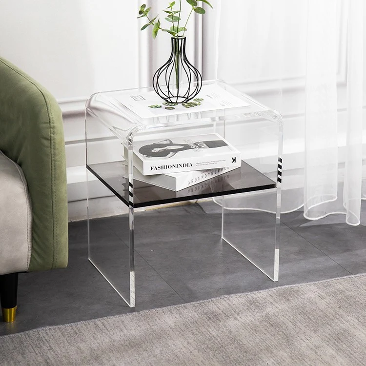 Contemporary Scandinavian Square Curved Acrylic Nightstand 2-Tiers For Bedroom