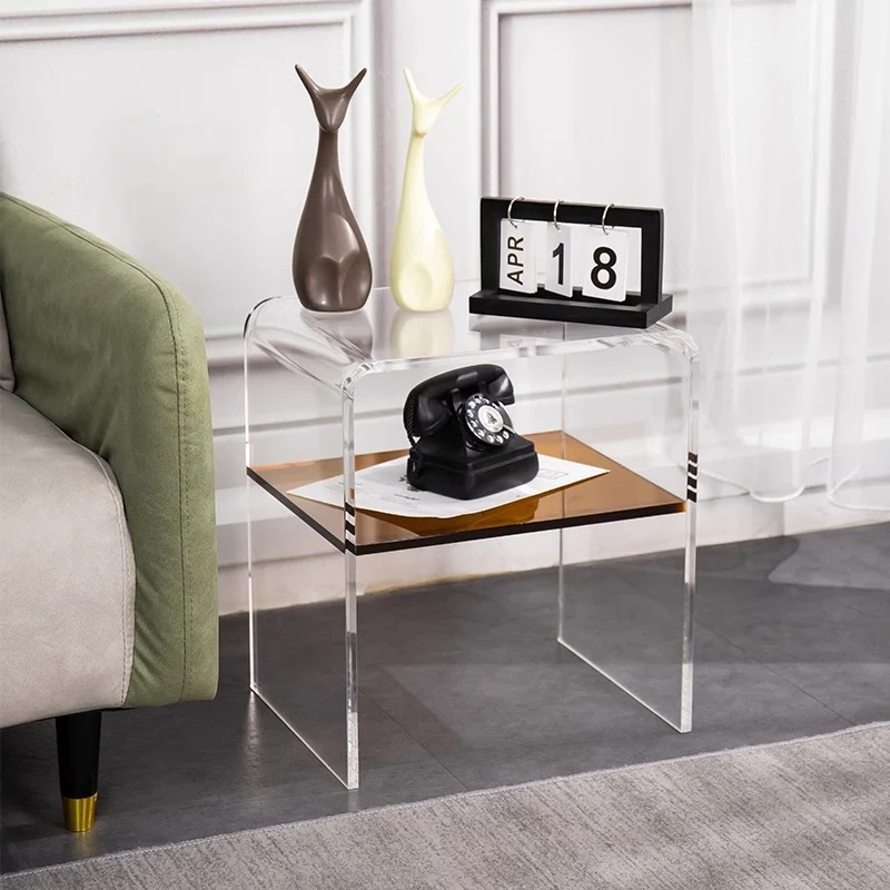 Contemporary Scandinavian Square Curved Acrylic Nightstand 2-Tiers For Bedroom