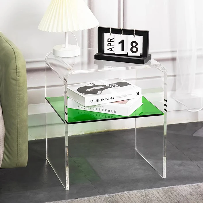 Contemporary Scandinavian Square Curved Acrylic Nightstand 2-Tiers For Bedroom