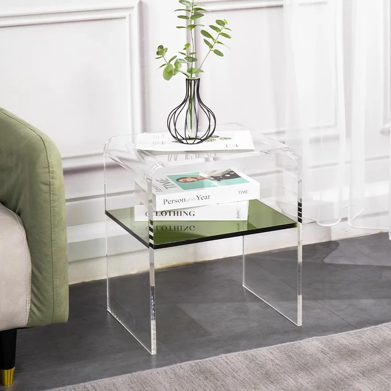 Contemporary Scandinavian Square Curved Acrylic Nightstand 2-Tiers For Bedroom