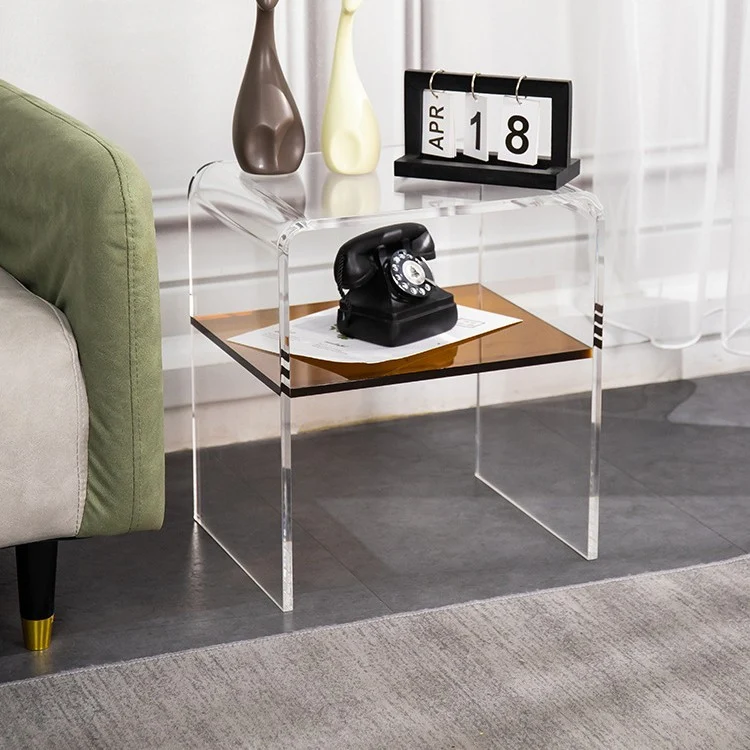 Contemporary Scandinavian Square Curved Acrylic Nightstand 2-Tiers For Bedroom