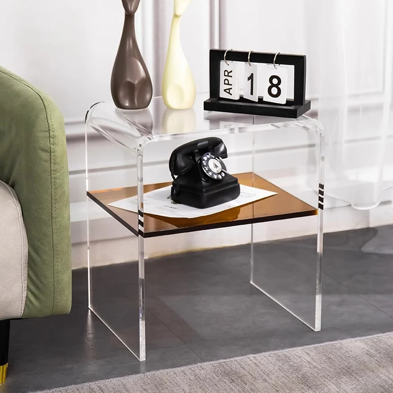 Contemporary Scandinavian Square Curved Acrylic Nightstand 2-Tiers For Bedroom