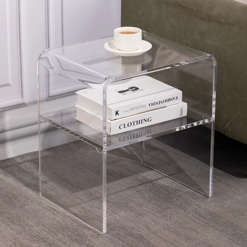 Contemporary Scandinavian Square Curved Acrylic Nightstand 2-Tiers For Bedroom